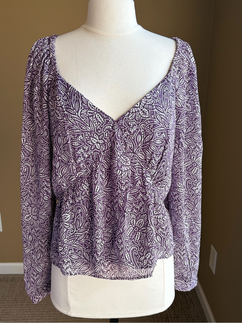 LOFT Purple Floral V-Neck Long Sleeve Blouse- Small, NWT Cottagecore Boho Retro